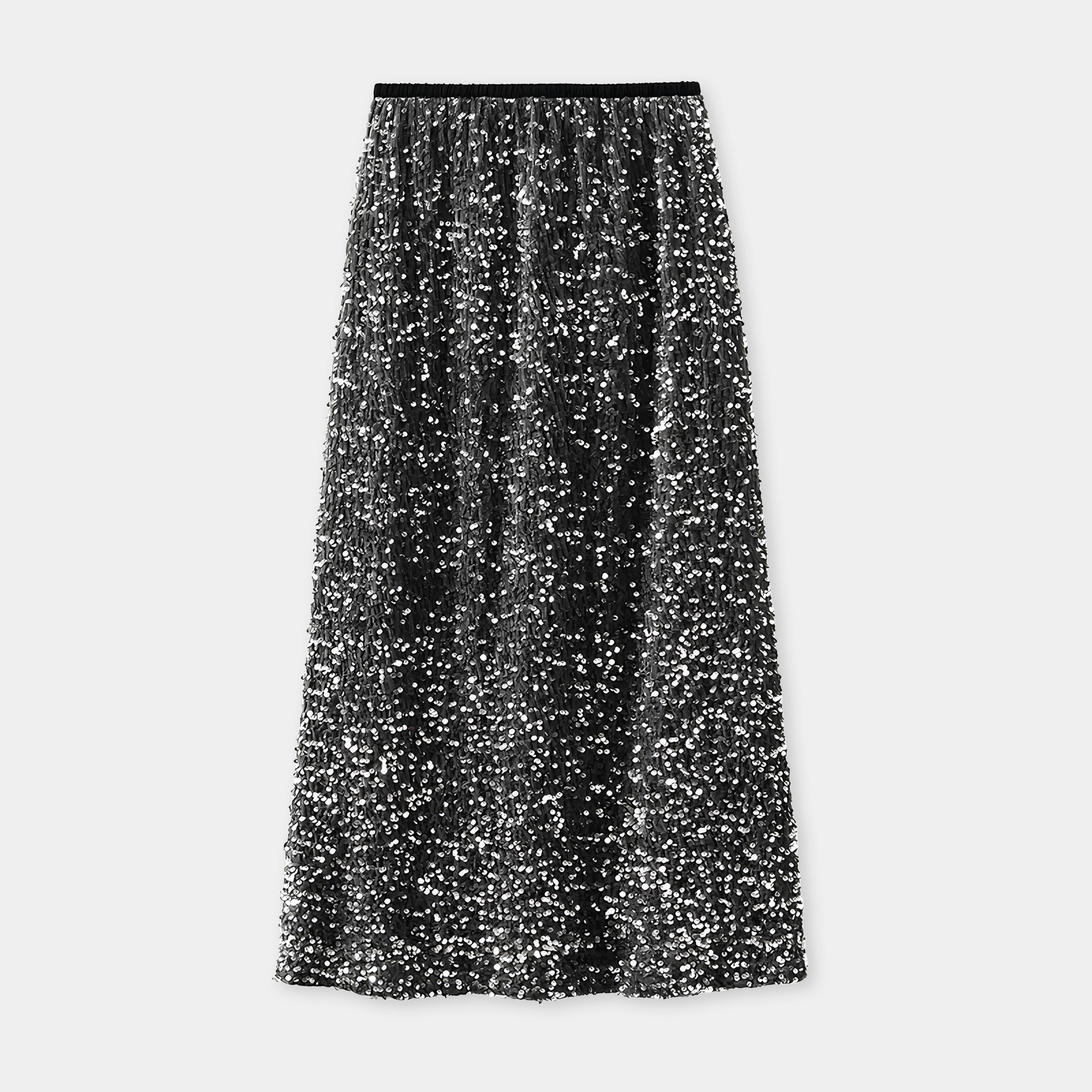 Heavy Sequinned Hip Skirt With Back Slit - D8035_GREY