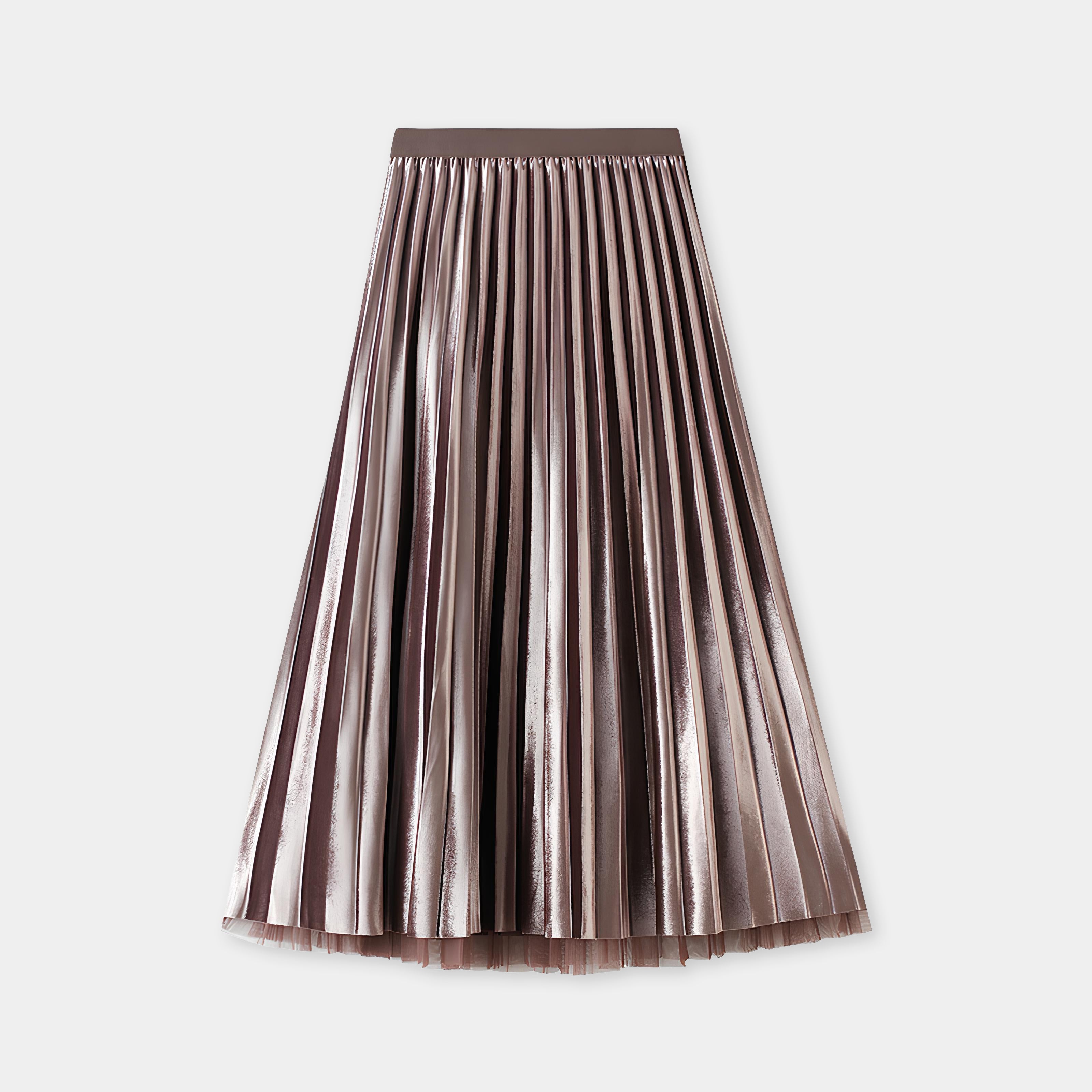Velvet And Mesh Multilayer Pleated Skirt - 3319_KHAKI