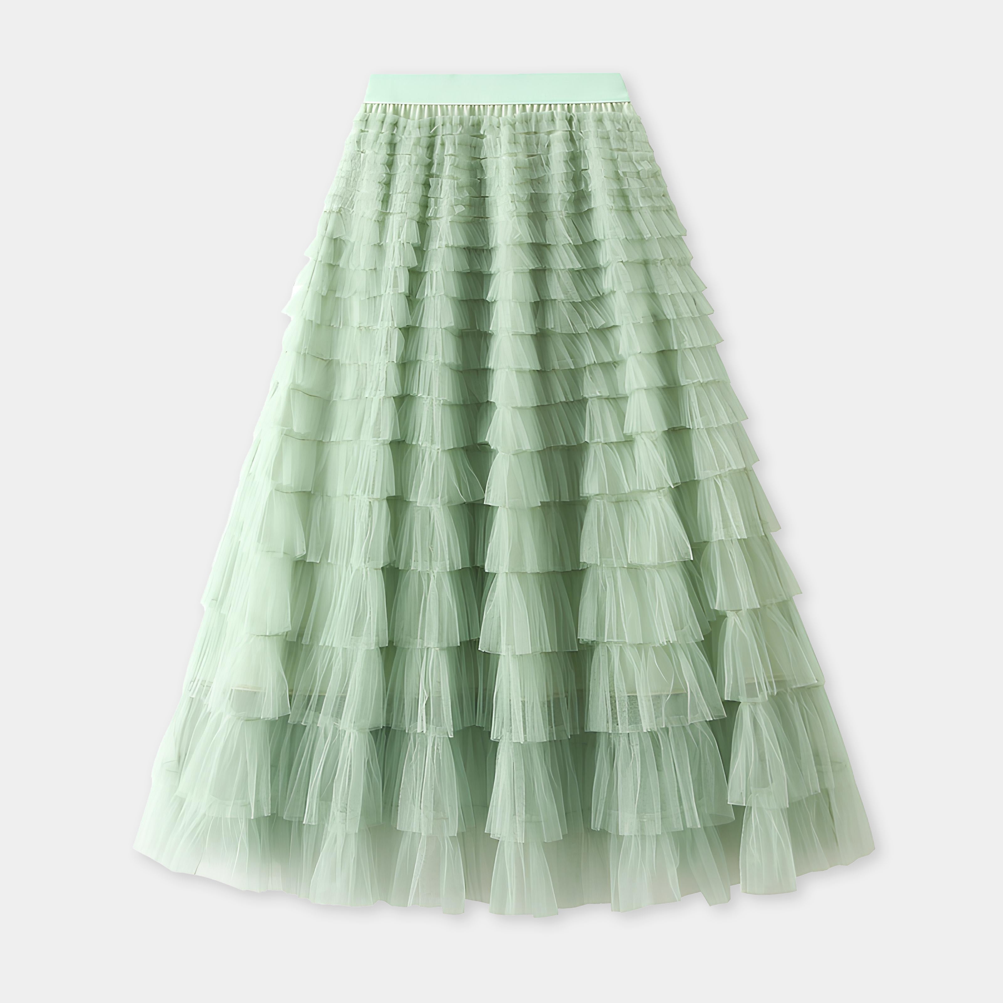 Heavy Mesh Gauze Multilayer Long Skirt With Satin Lining - 2210_LIGHT GREEN