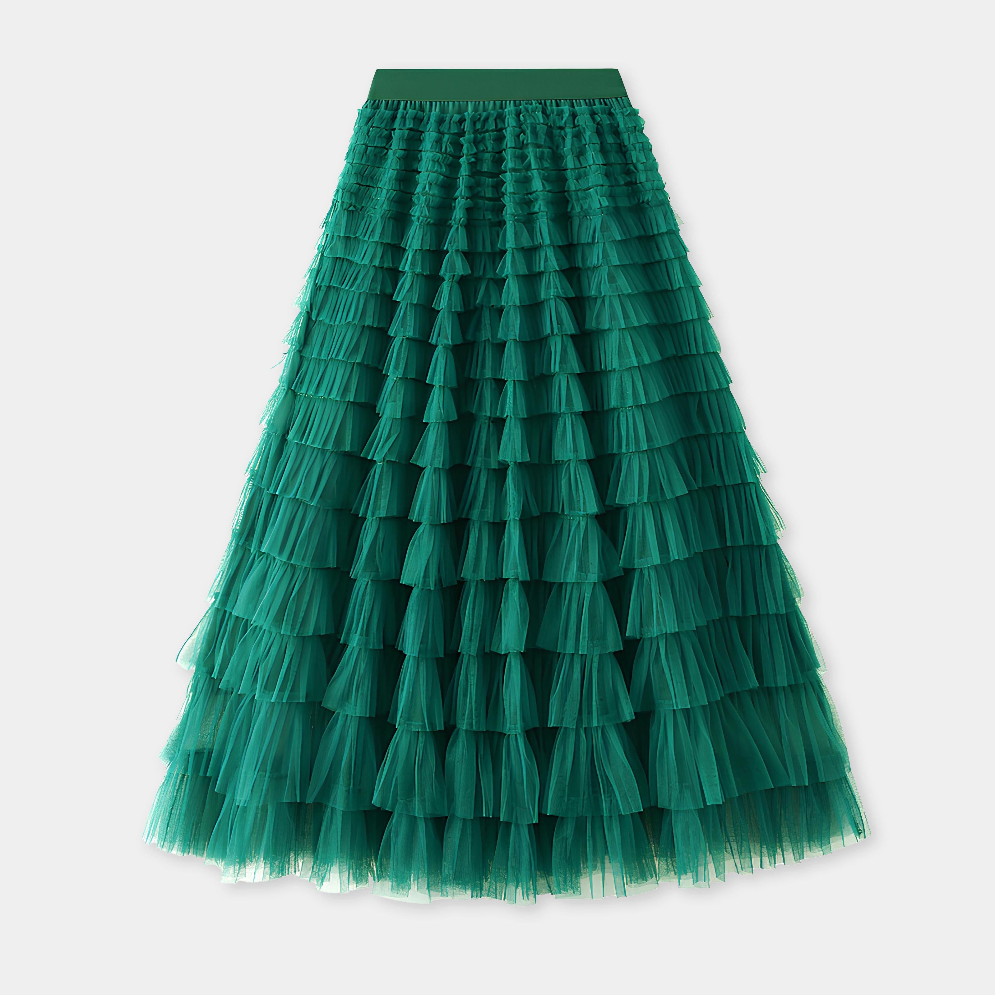 Heavy Mesh Gauze Multilayer Long Skirt With Satin Lining - 2210_DARK GREEN