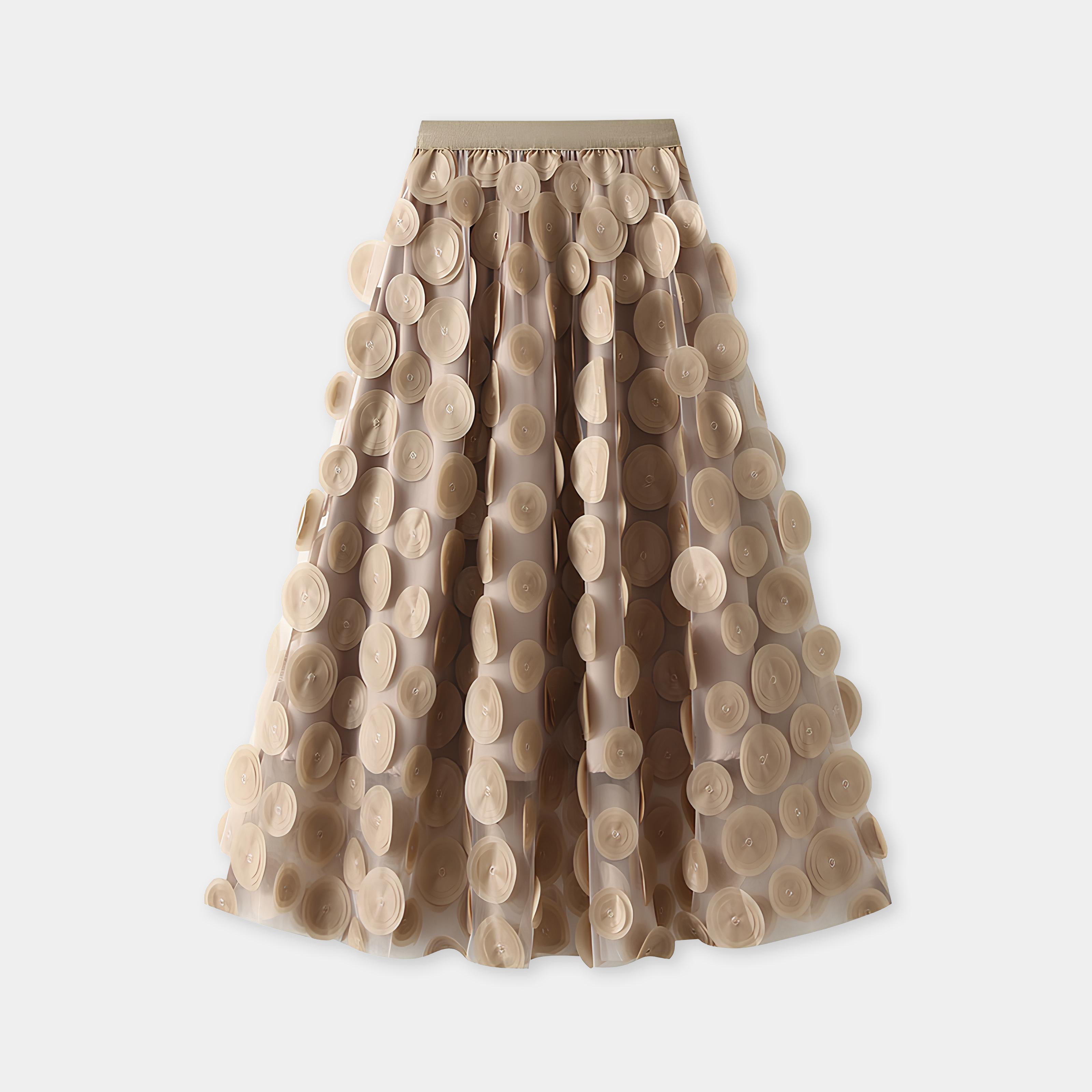 Polka Dot Hepburn Style Umbrella Mesh Skirt - 0931_KHAKI