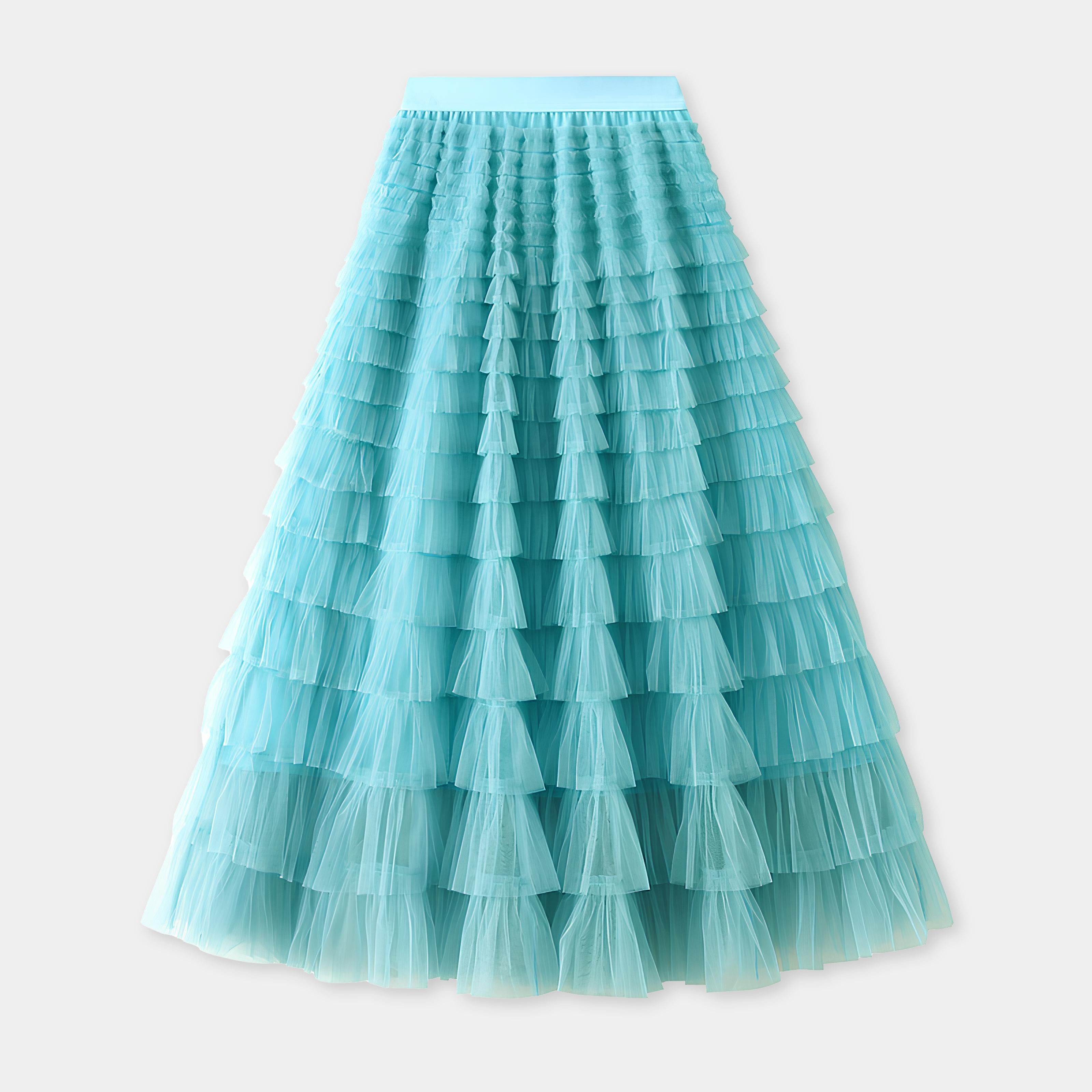 Heavy Mesh Gauze Multilayer Long Skirt With Satin Lining - 2210_LAKE BLUE