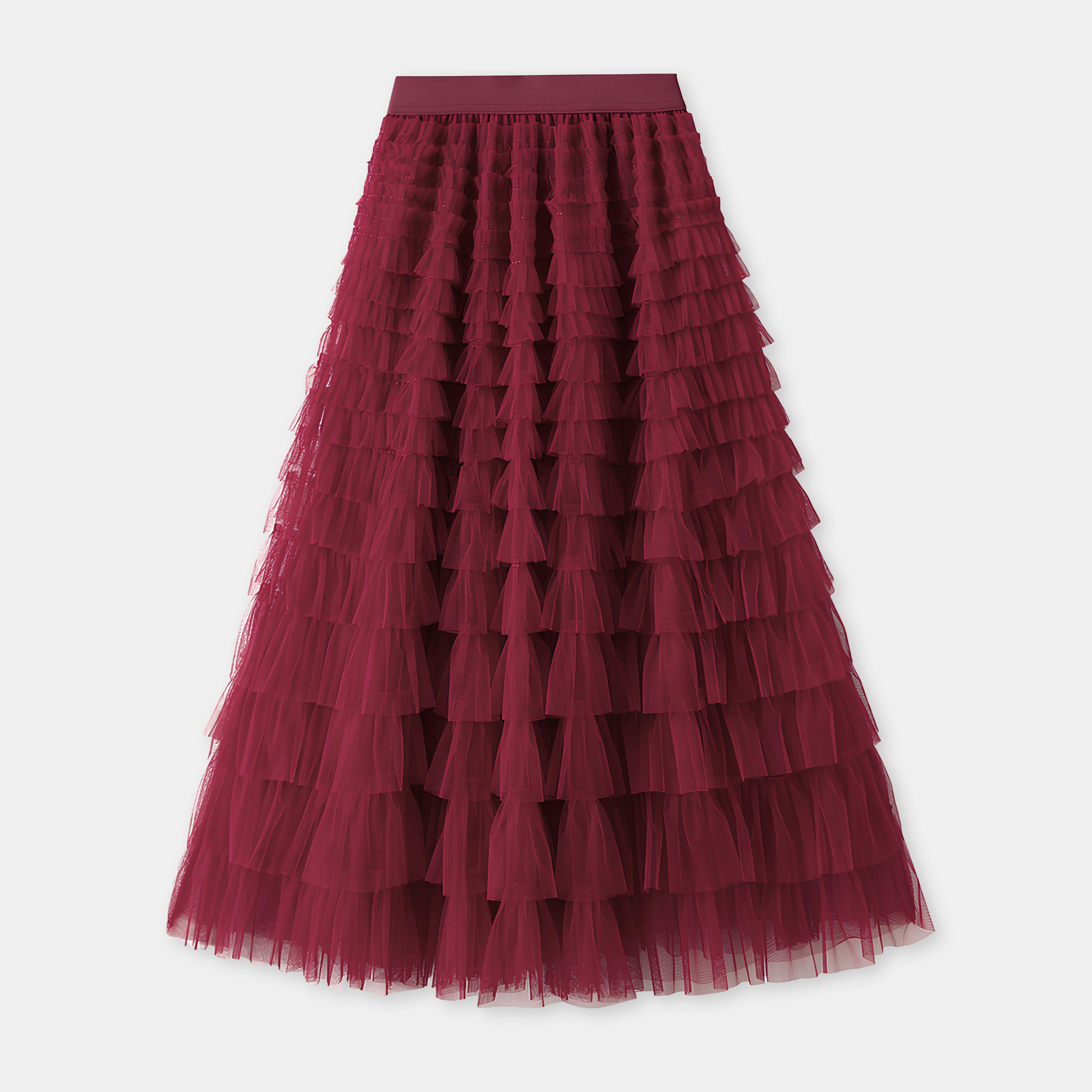 Heavy Mesh Gauze Multilayer Long Skirt With Satin Lining - 2210_WINE RED