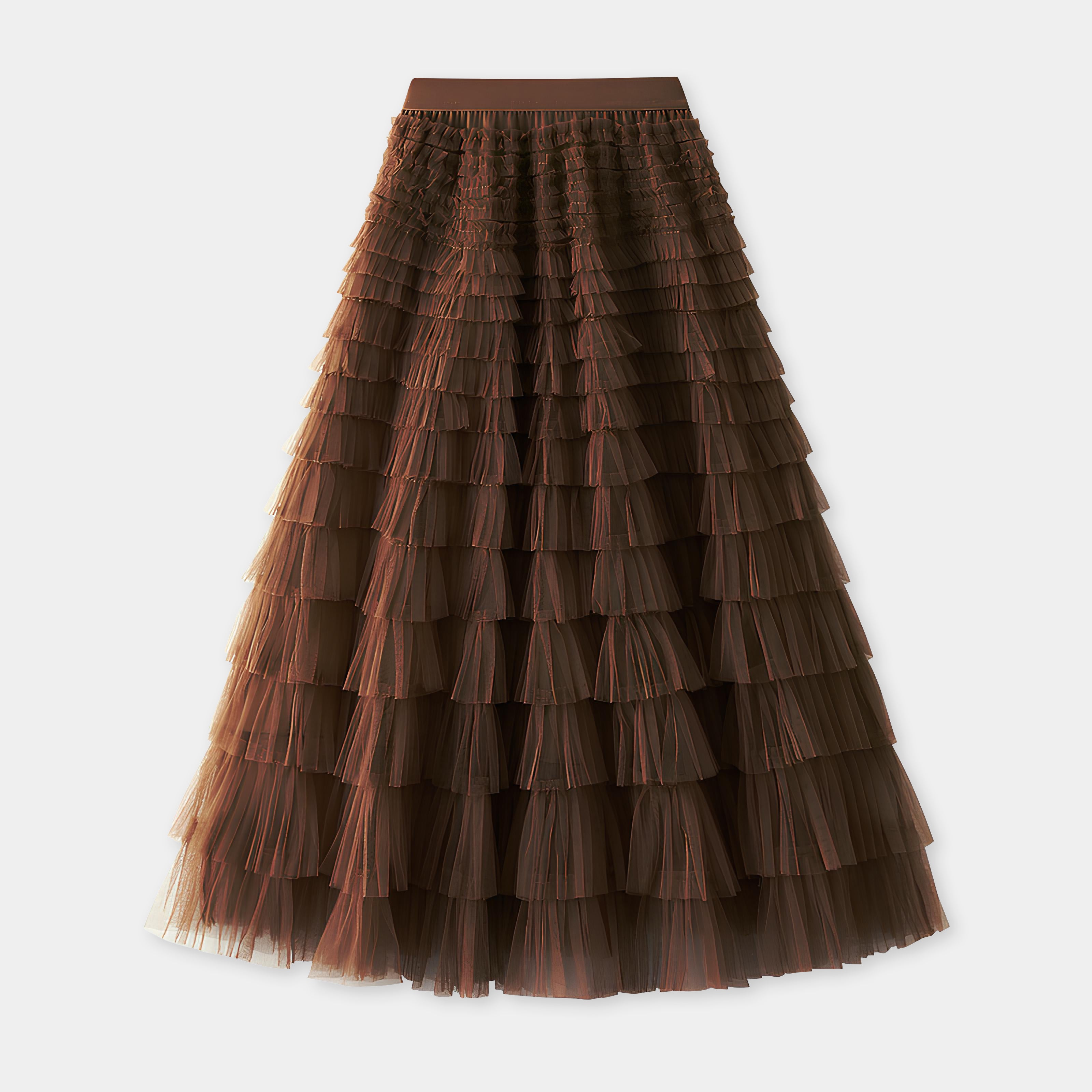 Heavy Mesh Gauze Multilayer Long Skirt With Satin Lining - 2210_DARK BROWN